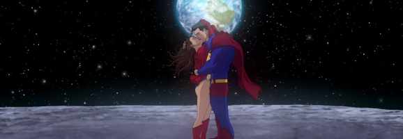 Superman and Lois Lane kissing on the Moon