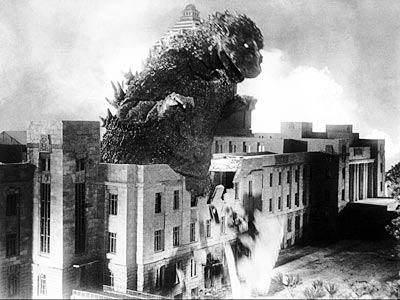 Godzilla destroying Tokyo by simply walking through it.