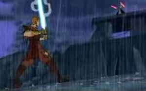 A tense standoff occurs mid-duel between Anakin Skywalker and Asajj Ventress.