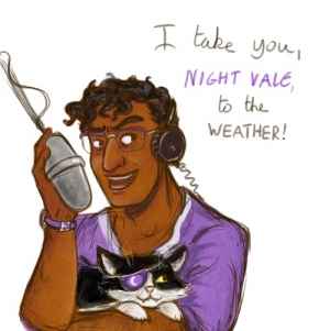 Fan art of Cecil, with his cat Khoshekh, taking his listeners to the weather. By tumblr user orcapie.