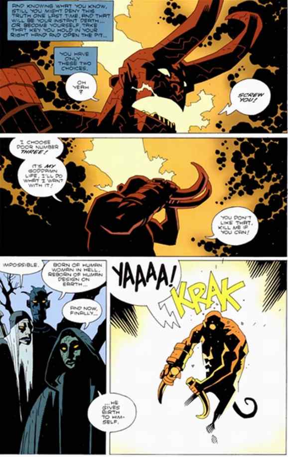 Hellboy snaps off his horns in defiance of his true demonic nature.