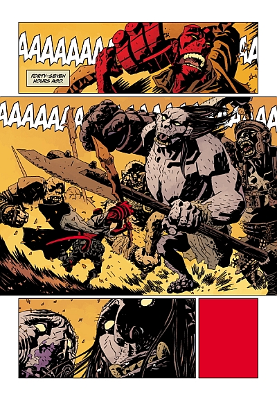 Hellboy takes on a group of giants in hand-to-hand combat.