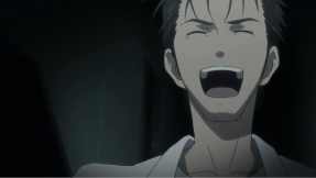 Okabe during one of his many moments of "mad scientist" laughter.