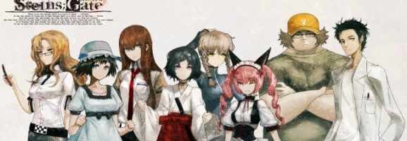 The cast of Steins; Gate from left to right: Moeka Kiryu, Mayuri "Mayushi" Shiina, Kurisu Makise, Ruka "Rukako" Urushibara,  Suzuha Amane, Faris Nyannyan, Itaru "Daru" Hashida, and Okabe "Okarin" Rintarou.