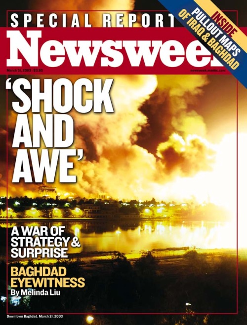 Newsweek cover from 2003 highlighting the use of "Shock and Awe" in Iraq