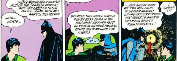 Dick Grayson meets Batman for the first time.