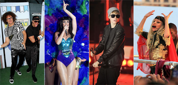 Artists LMFAO, Katy Perry, Justin Bieber, and Lady Gaga