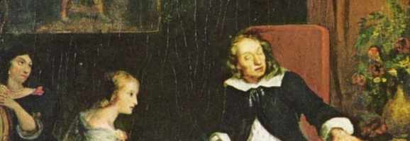 A painting of the blind Milton dictating "Paradise Lost" to his daughters.