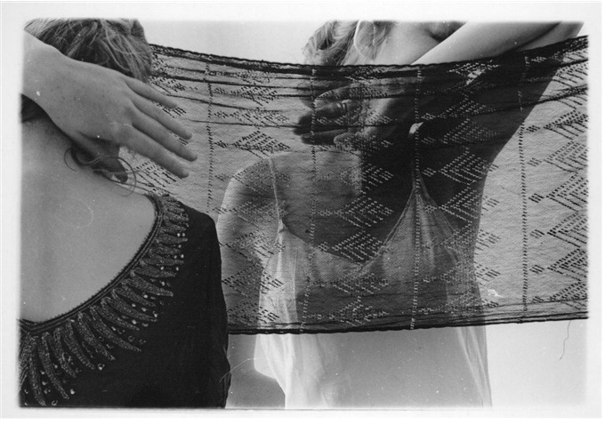 "Untitled, New York" (1979-80) Produced just a year or two before Woodman's suicide, this image which was featured in the "Zigzag" exhibition (a collection of Woodman's images that featured angles), is both a self-portrait and an image made up of different angles (those of her arms, the fabric, her clothing, and the patterns on the fabric). Less spectral than most of her work, the photo is delicate and presents a duality between the two figures (which is perhaps representative of the duality between Woodman's idealism and her reality).