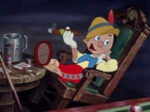 Pinocchio living it up on "Pleasure Island," smoking a large cigar and drinking beer while playing pool. Quite the sight.