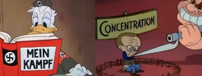 The left shot from Der Fuhrers's Face shows Donald being forced to conform to Nazi idealogy while the right shot shows Emotion imprisoning Reason in a concentration camp for questioning Hitler. 