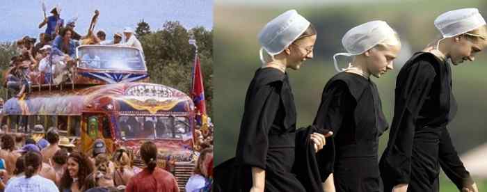 Both the Hippie Movement of the 1960's and the Amish way of life are examples of American nonconformity from both liberals and conservatives.