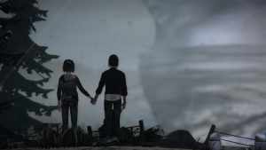 Max and Chloe watch as the tornado destroys Arcadia Bay (sacrifice Arcadia Bay ending).