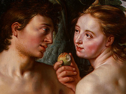 Eve offering the forbidden fruit to Adam, from Paradise Lost, and evoking "The Fall of Man."