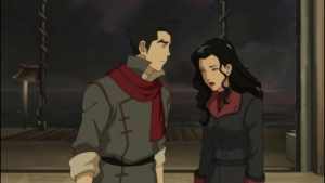 Mako still caring for Asami despite their breakup in "The Sting" episode of The Legend of Korra. Author's screenshot captured via the DVD.