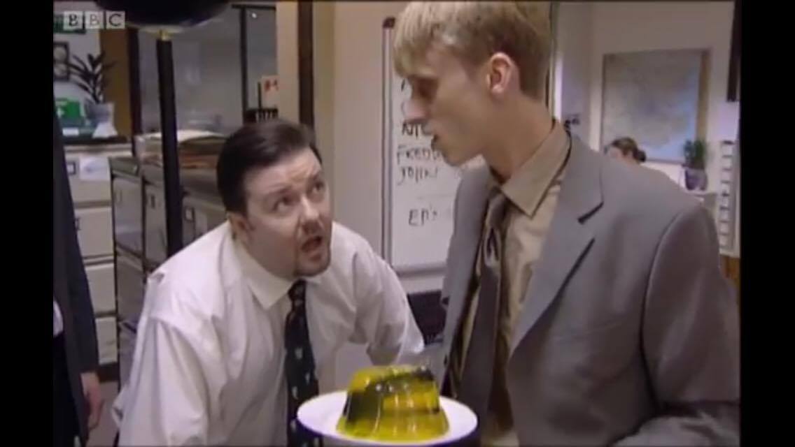 Gareth showing David his stapler in jelly