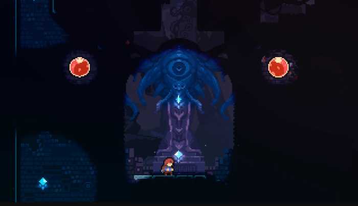 A screenshot from Celeste. It shows the protagonist in a dark room, standing in front of a large statue depicting a monster with one eye. There is a red bubble to either side of the statue.