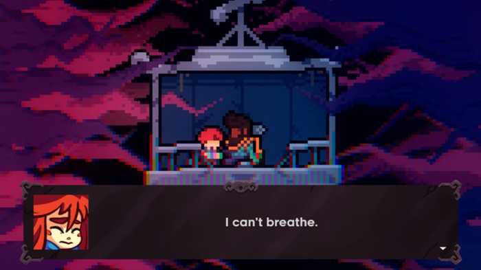A screenshot from Celeste. The image shows the protagonist and a man riding a cable car. The background features a number of purple and red tendrils. The protagonist, Madeline, is saying 'I can't breathe.'