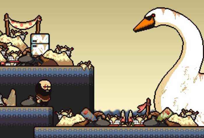 A screenshot from Lisa the Painful. The image shows the protagonist (a middle aged man) in a junkyard. There is a decayed swan statue to his right.
