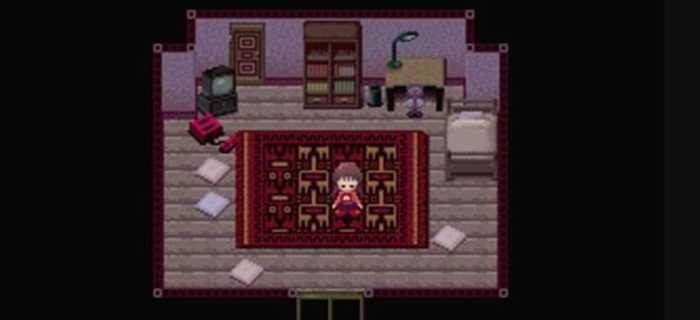 A screenshot from Yume Nikki. It shows the protagonist standing in her bedroom. There is a bed, a bookcase, a rug, and a television with a game console.