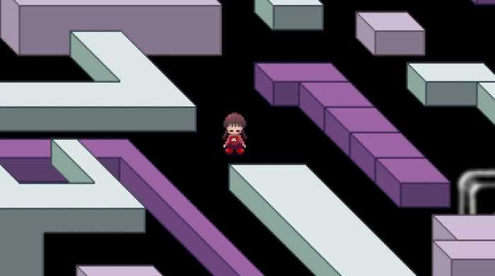 A screenshot of Yume Nikki (2004). The shot shows the protagonist, in a black landscape with purple and blue geometric shapes.