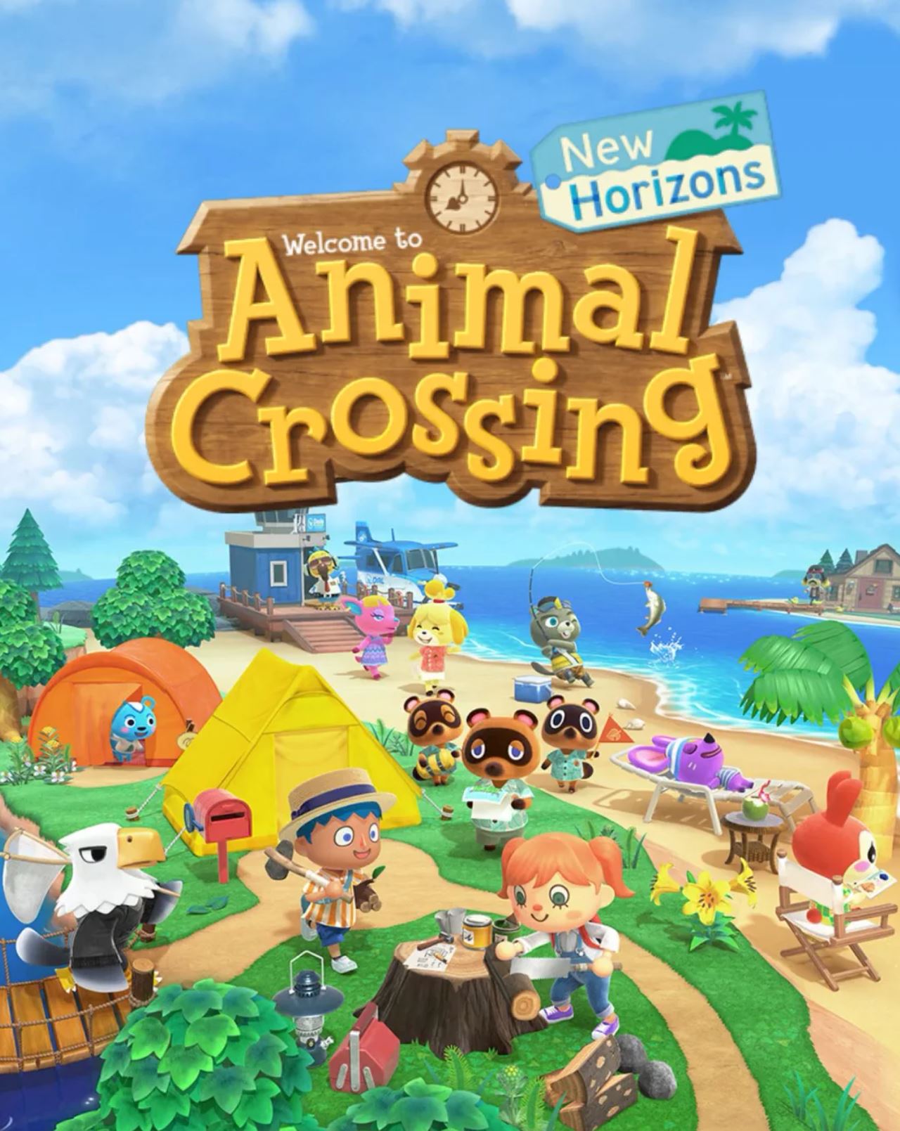 The cover of Animal Crossing: Horizons, depicting a pair of humans and a number of animal people on a tropical beach.
