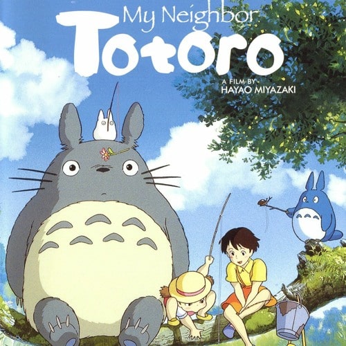 A cover of My Neighbor Totoro, depicting the bunny-like titular spirits and two young girls sitting with them.