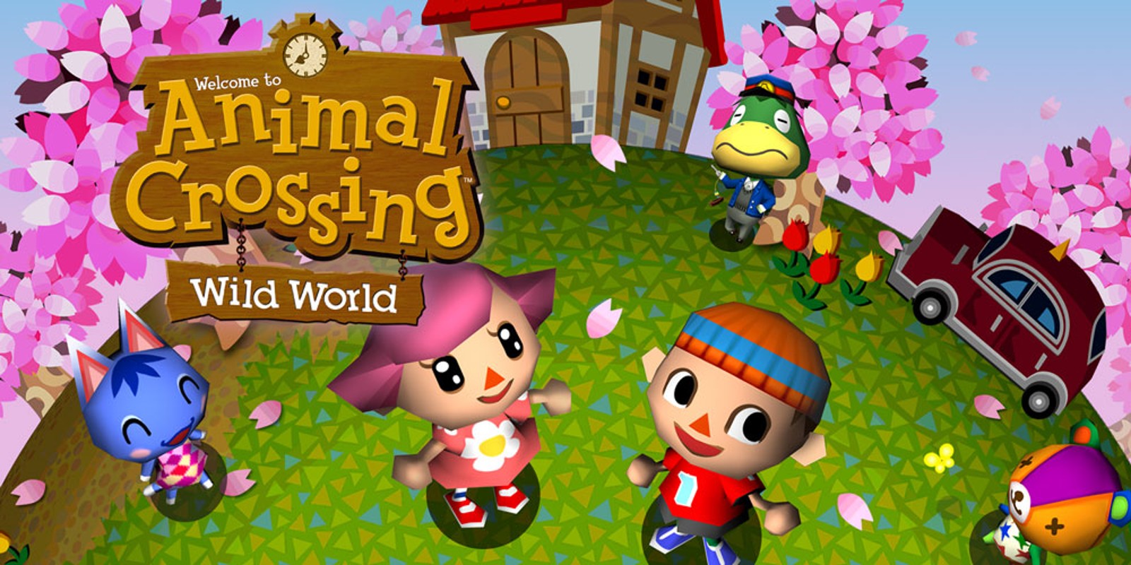 A promotional image from Animal Crossing: Wild World, depicting some humans and animal people on a green hill, with cherry blossoms in the background.