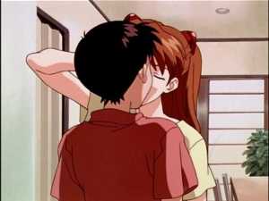 Asuka and Shinji'si less-than-romantic first kiss