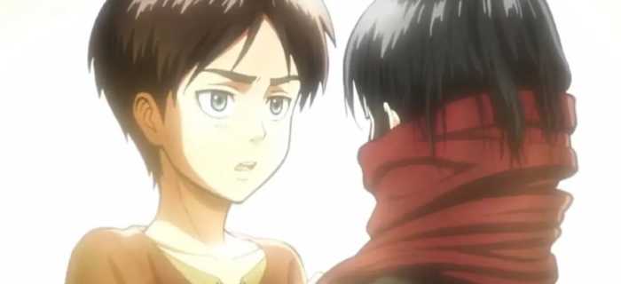 As children, Eren protects and comforts Mikasa by giving her his own scarf 