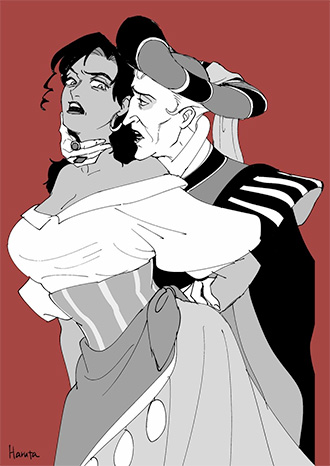 Illustration of Frollo abusing Esmeralda
