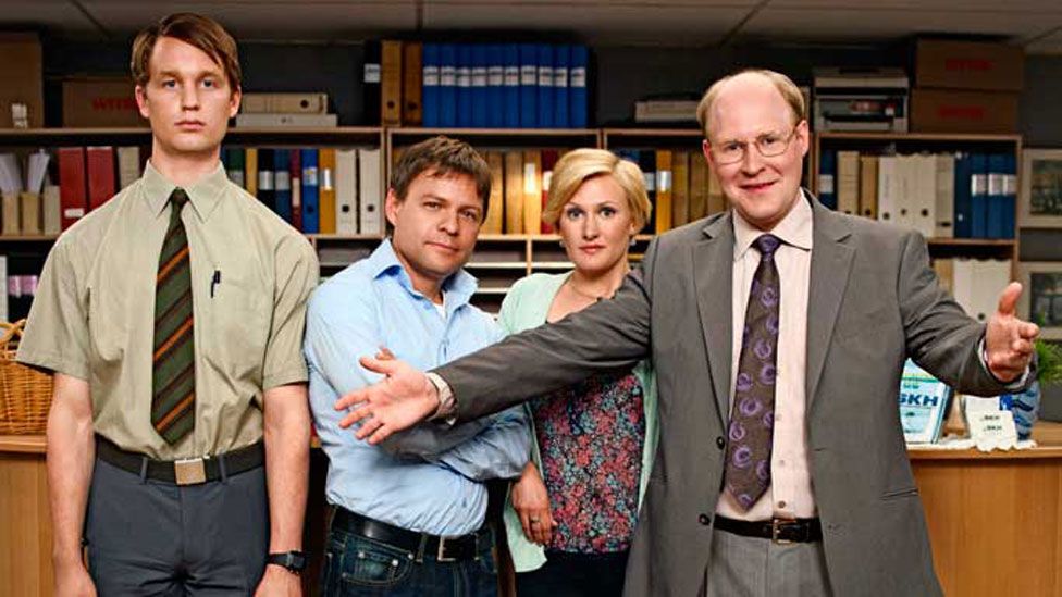 The main cast of the Swedish series Kontoret, with Ove (the boss) on the far right and Viking (the Annoying Coworker) on the far left