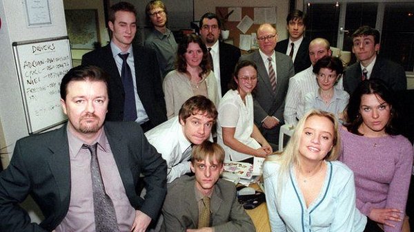 The cast of the British Office as they appear in the first series