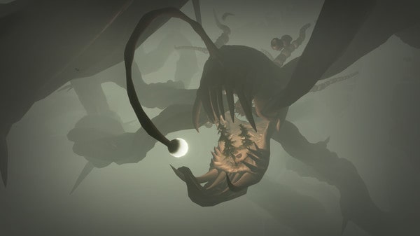 Screenshot from Outer Wilds. Shows the remains of a giant anglerfish with a glowing light in a misty space. Trees can be seen in the open mouth of the anglerfish.