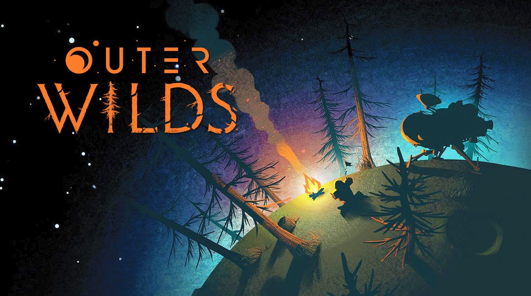 The cover of Outer Wilds (2019). Depicts a spaceship on a grassy planet with trees, with a person sitting at a campfire. The title Outer Wilds is in the top left corner.