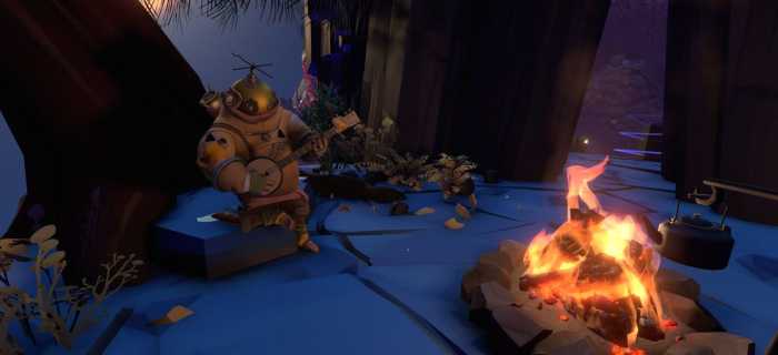 Screenshot of Outer Wilds. Shows Riebeck, a person in a spacesuit, playing the banjo while sitting at a campfire.