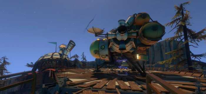 Screenshot from Outer Wilds. Shows the player's spaceship on a wooden platform. Buildings and trees can be seen in the background.
