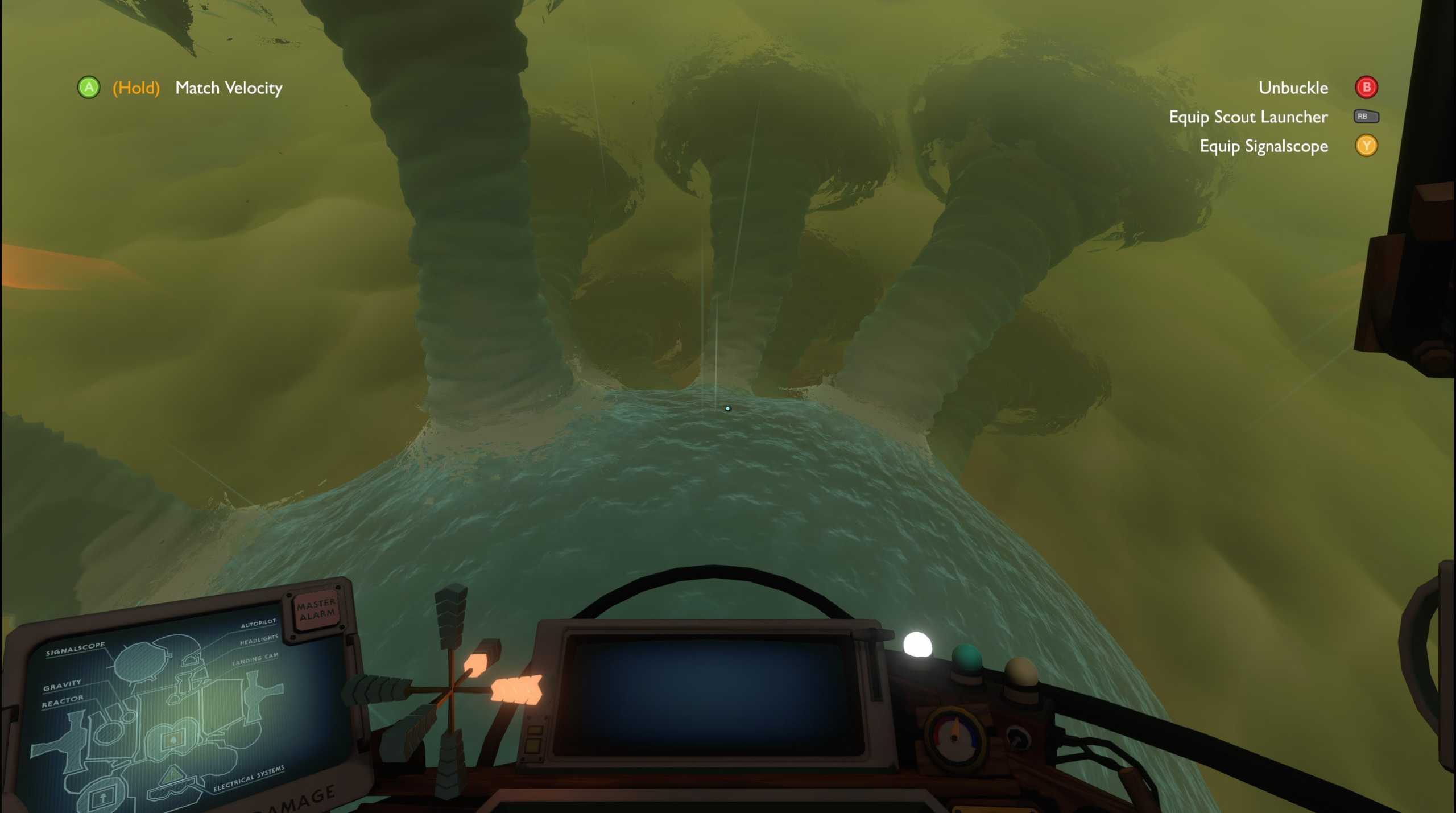 Screenshot from Outer Wilds. Shows an alien planet with a large body of water. The sky is cloudy and several hurricanes can be seen. There are also a few UI elements.