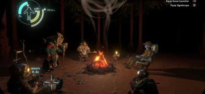 Screenshot from Outer Wilds. A group of aliens, some wearing spacesuits, sit around a campfire. Its smoke is curling in the air.