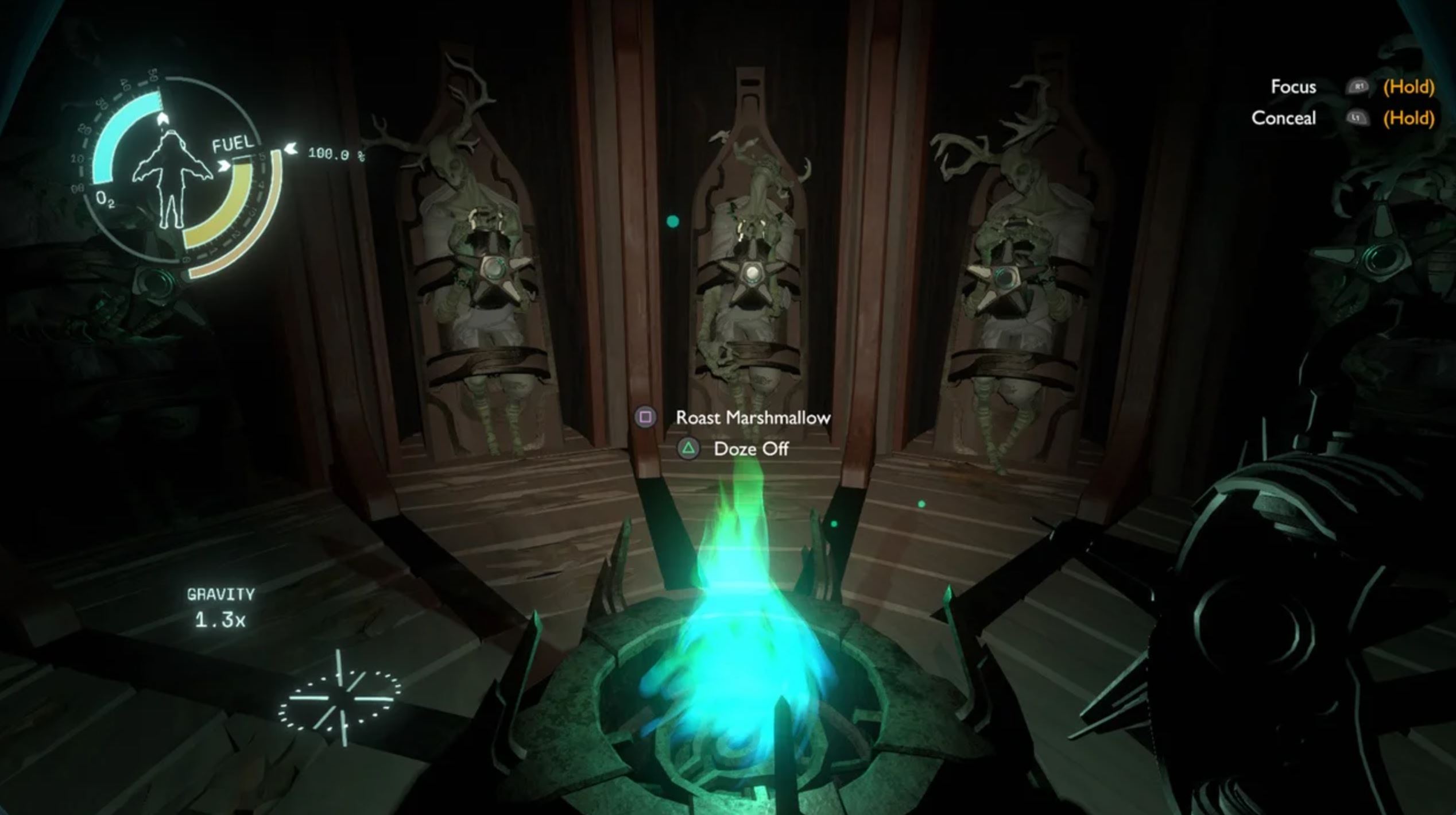 Screenshot from Outer Wilds. A green fire at the center of a room, surrounded by the remains of tall aliens. There are several UI elements, including two at the center of the screen prompting 'roast marshmallow' and 'doze off'.