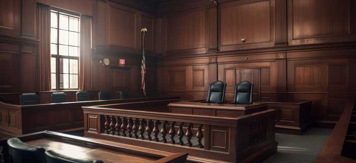 A depiction of a courtroom in the United States