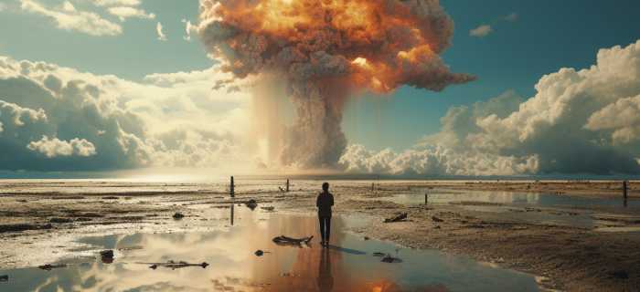 A person looks on as a nuclear explosion goes off in the distance