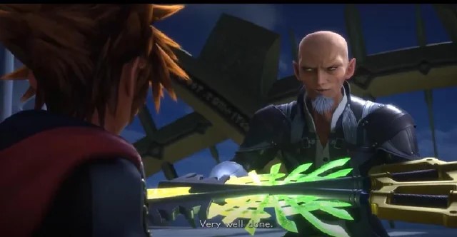 Xehanort gives Sora the ⲭ-blade after their battle