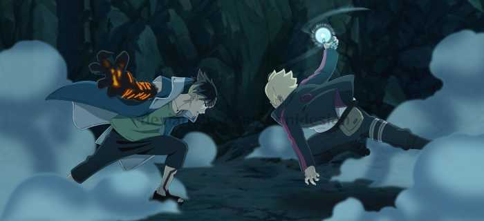 Kawaki vs Boruto in a ruined Konoha