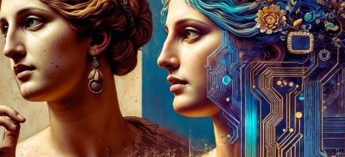 Classical human beauty with the intricate circuitry of artificial intelligence