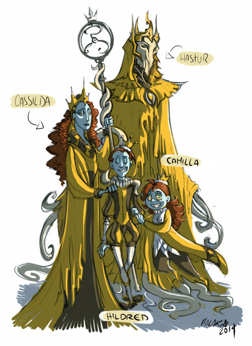 Fan artwork of several of the characters from the King in Yellow play, with Hildred in costume in the center